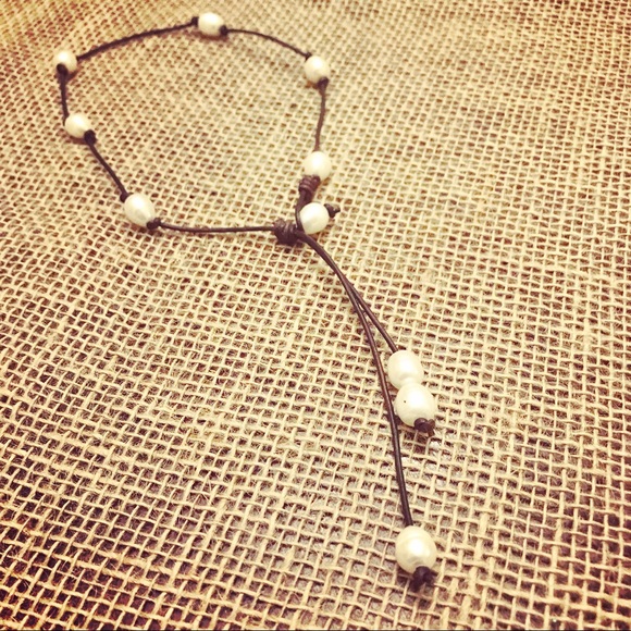 NEW Leather Freshwater Pearl Drop Boho Necklace - Picture 3 of 9