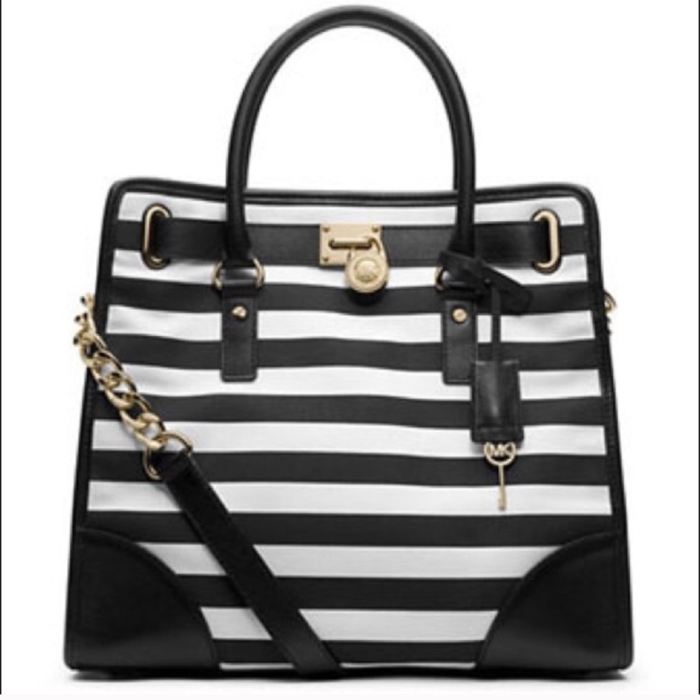 NWT MK LARGE BLACK/WHITE STRIPED HAMILTON BAG