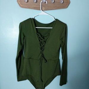 Sexy Lace Up Olive Bodysuit V Neck