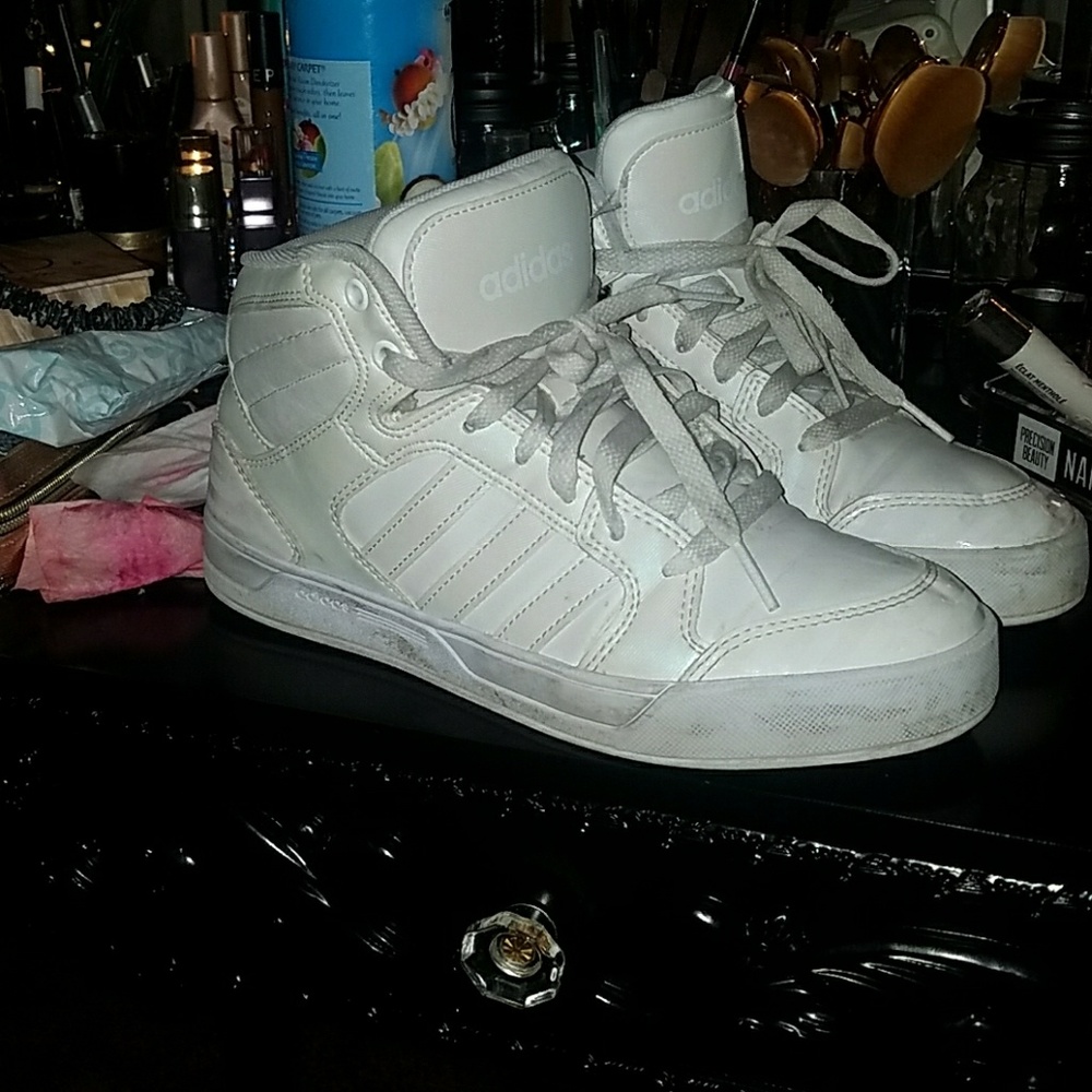 All white halo Adidas hightops