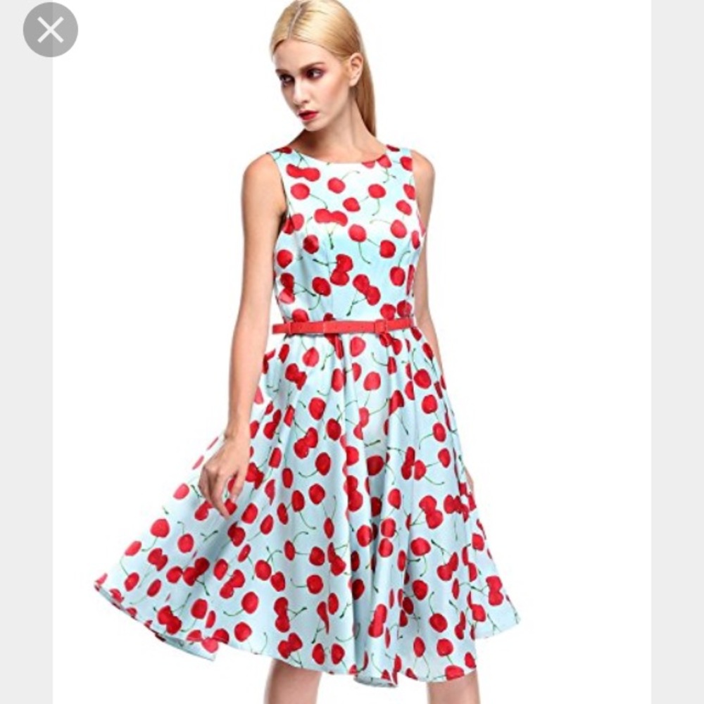 Vintage 50s style pastel blue cherry summer dress
