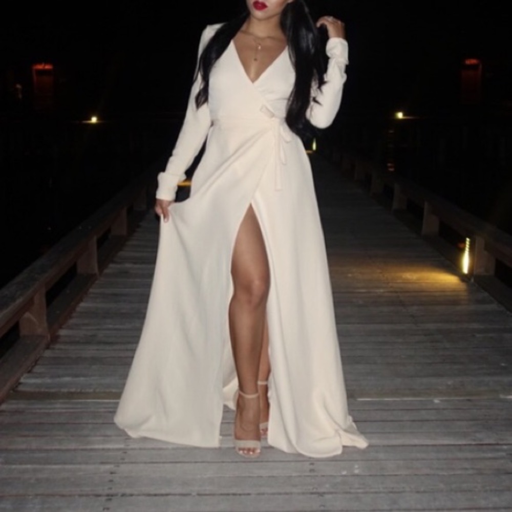 Cream floor length long sleeve wrap dress