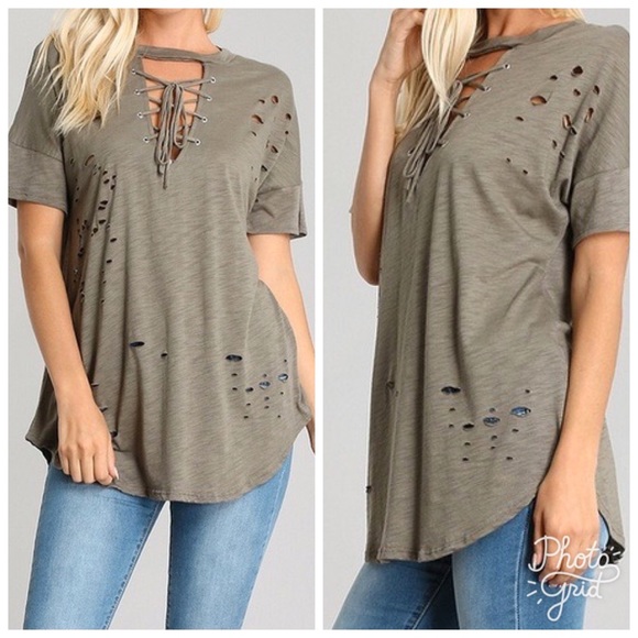 Tops - Olive Distressed Lace Up Top--Final Sale