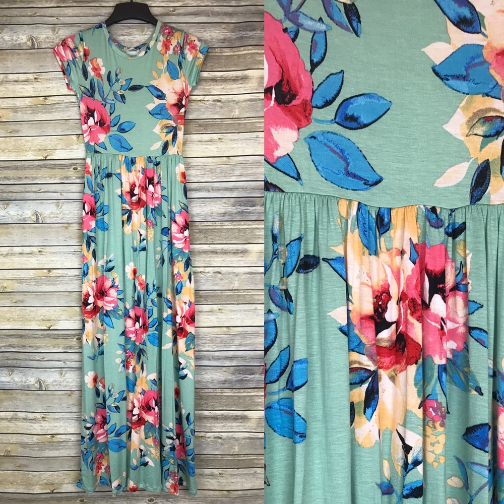 Mint Green Floral Print Maxi Dress With Pockets