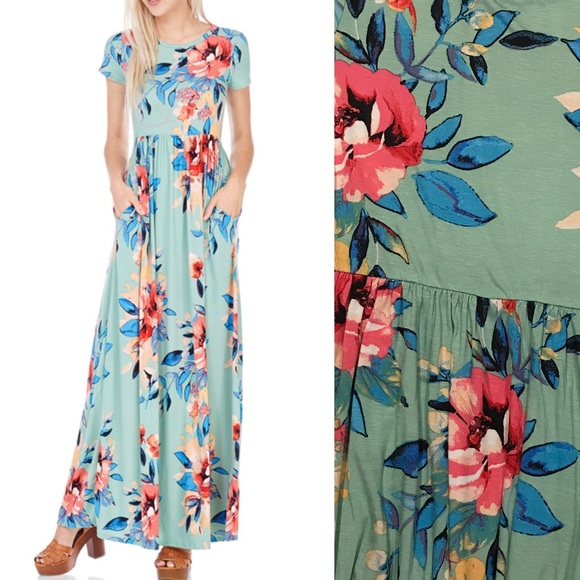 Mint Green Floral Print Maxi Dress With Pockets - Picture 2 of 3