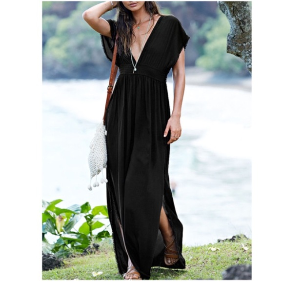 Smocked Kimono Maxi DRESS Beach COVERUP Black NEW - Picture 2 of 3