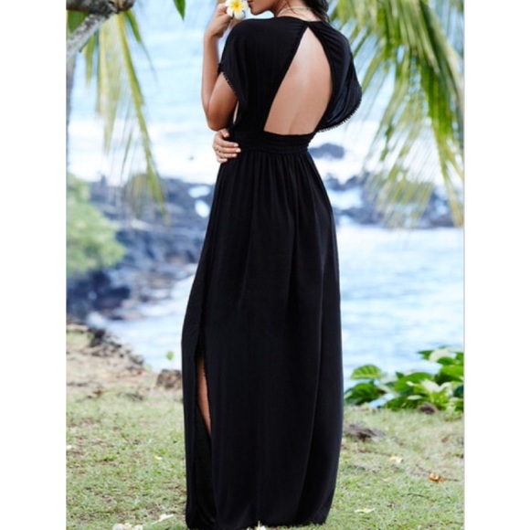 Smocked Kimono Maxi DRESS Beach COVERUP Black NEW - Picture 3 of 3
