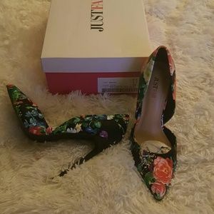 Limited Edition  Floral Print black leather heels