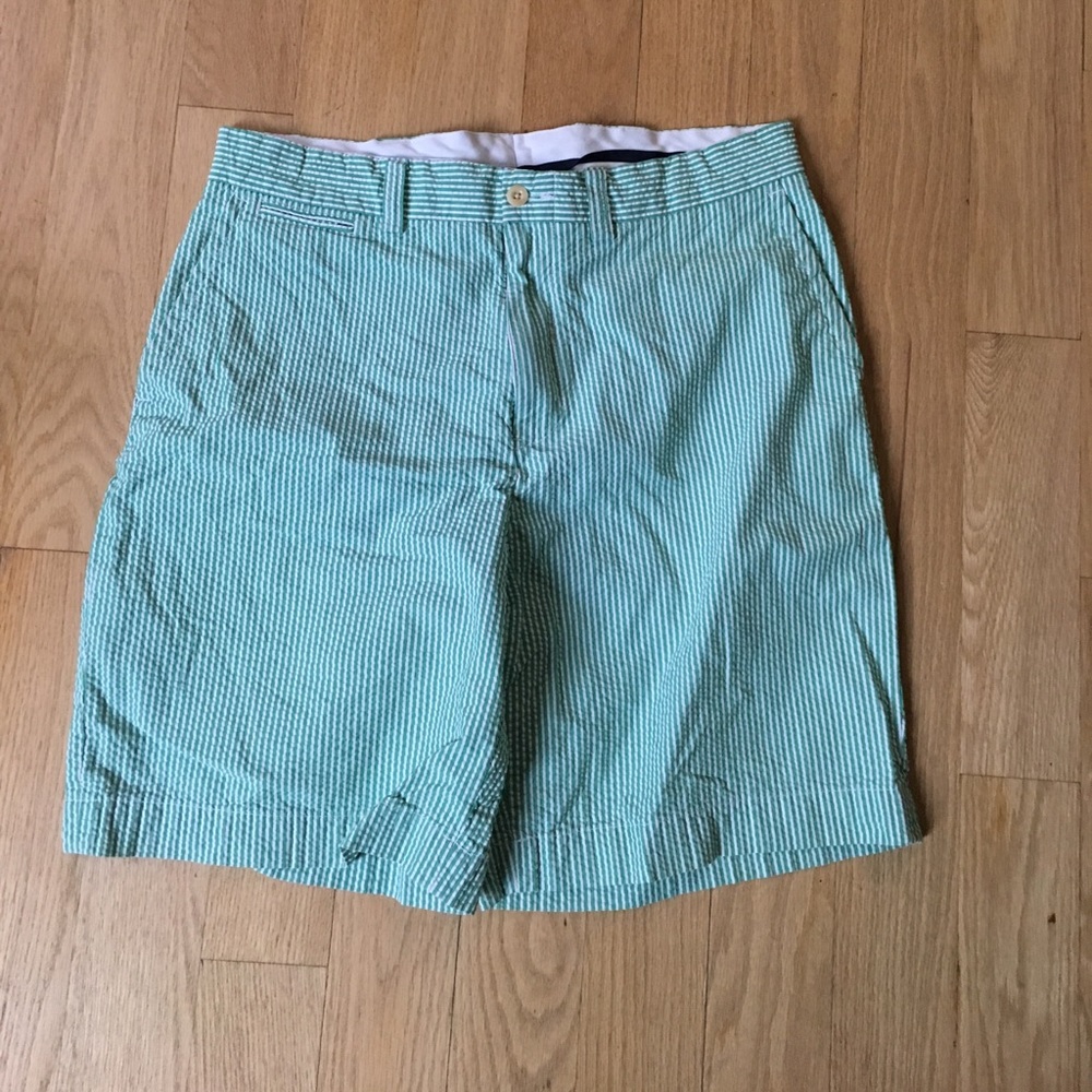 Green striped seersucker polo chino shorts