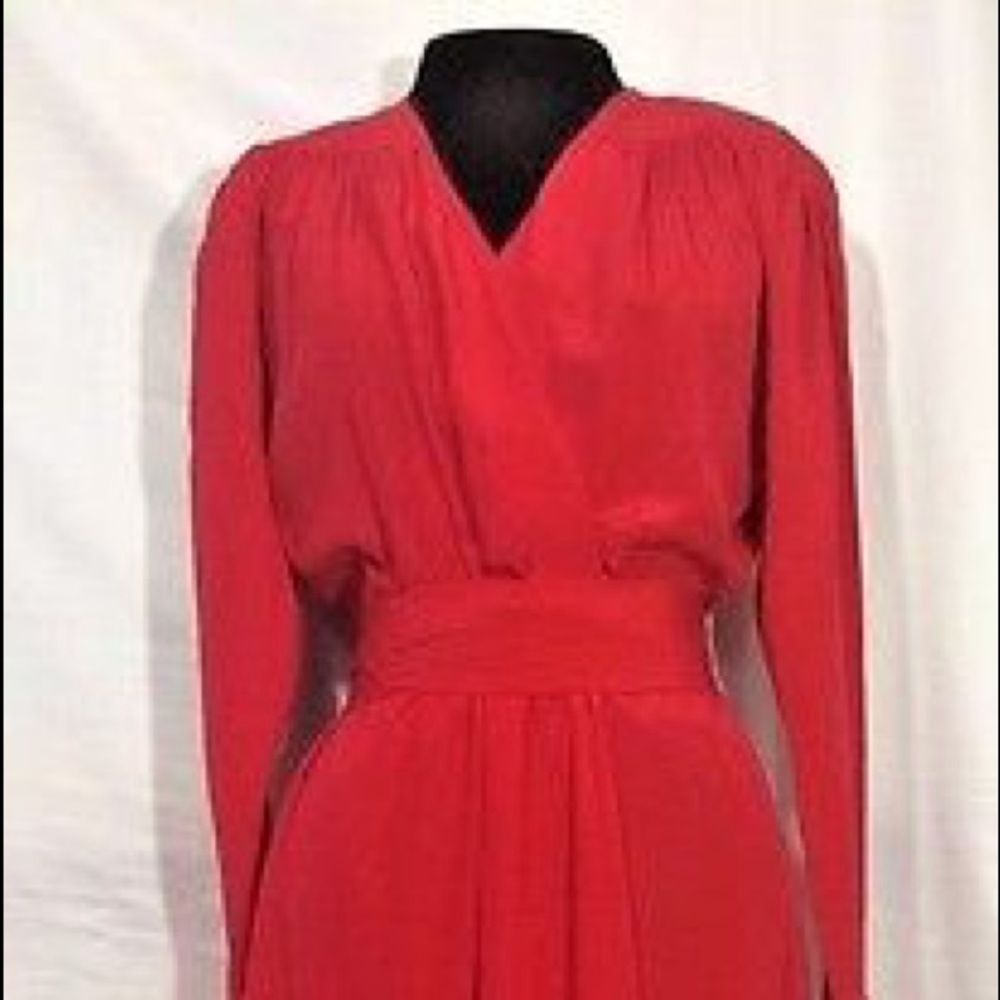 Vtg Timeless V-Neck Silk Wrap Dress Belt Red
