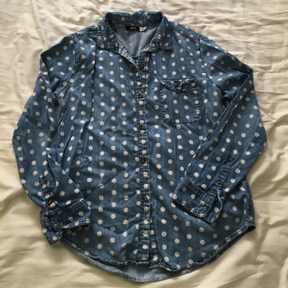 BDG polka dot chambray shirt. Single pocket.