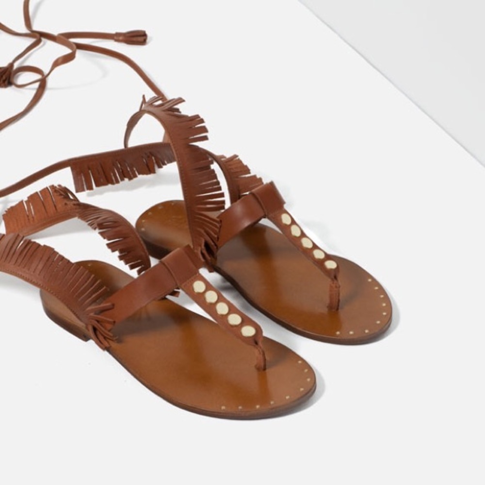 NWT Zara Fringed Gladiator Flat Lace Up Sandals