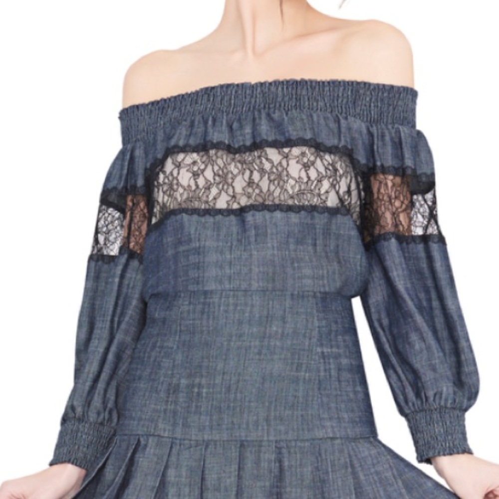Alice and Olivia Denim and lace off shoulder top