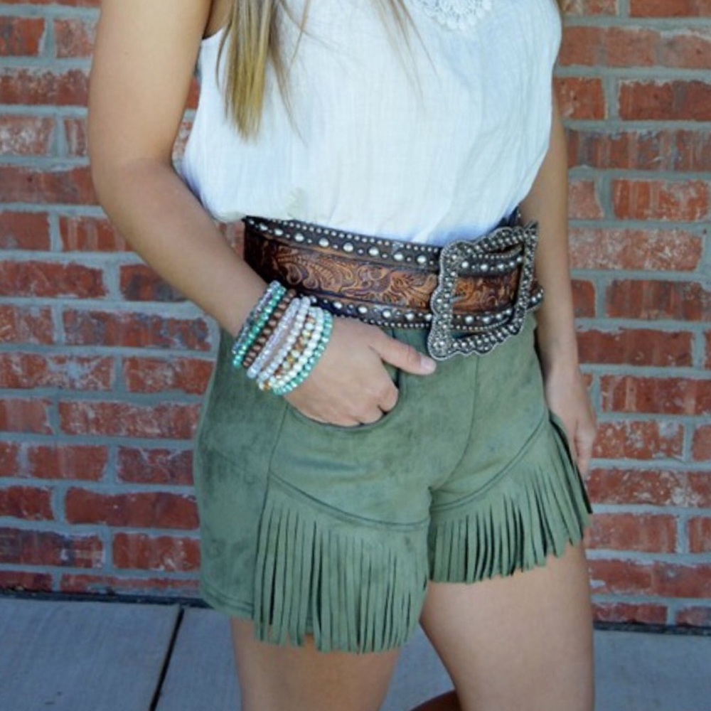 Last Pair Small Olive Fringe Shorts - Picture 2 of 5