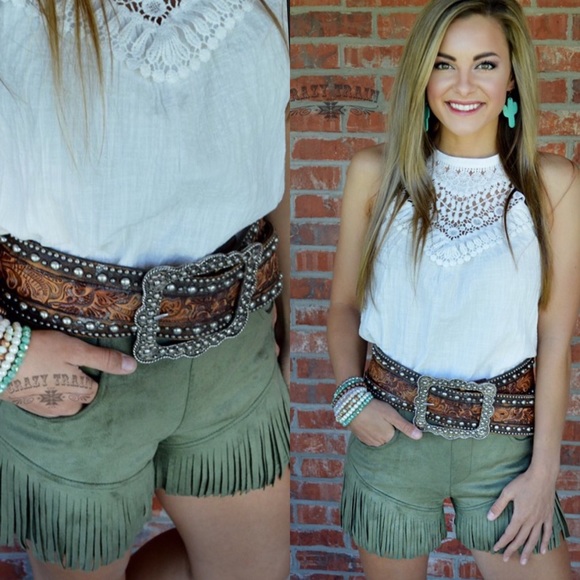 Last Pair Small Olive Fringe Shorts - Picture 3 of 5