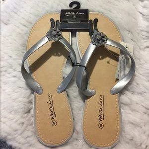 White Line Rhinestone Floral Thong Sandals 8