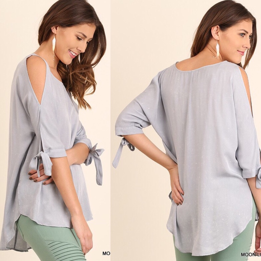 🆕 Half sleeve open cold shoulder top with tie - Picture 2 of 2