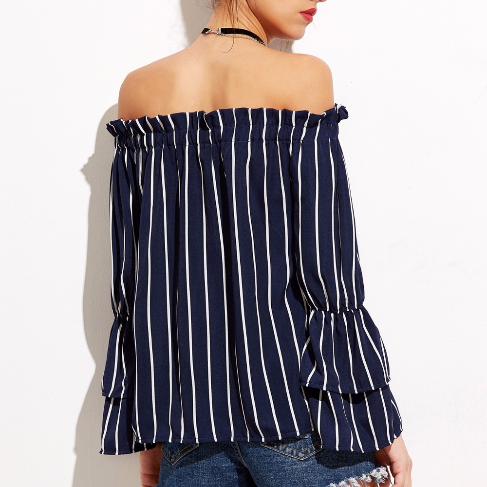 Easy Breezy Cold Shoulder Top in Pinstripe Blue - Picture 4 of 4