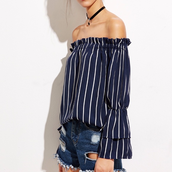 Easy Breezy Cold Shoulder Top in Pinstripe Blue - Picture 2 of 4