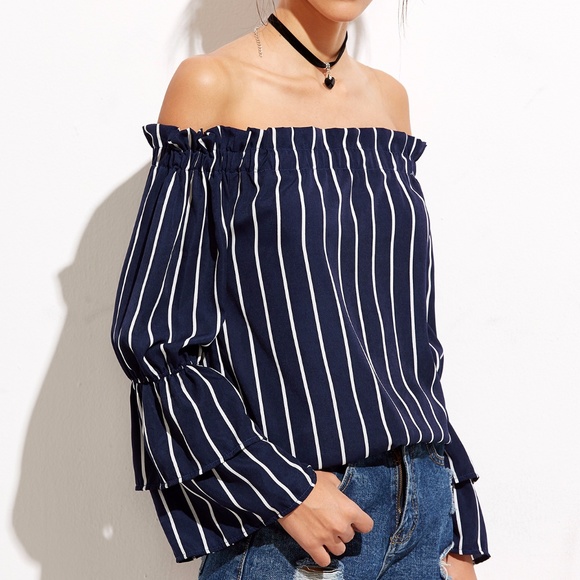 Easy Breezy Cold Shoulder Top in Pinstripe Blue - Picture 3 of 4