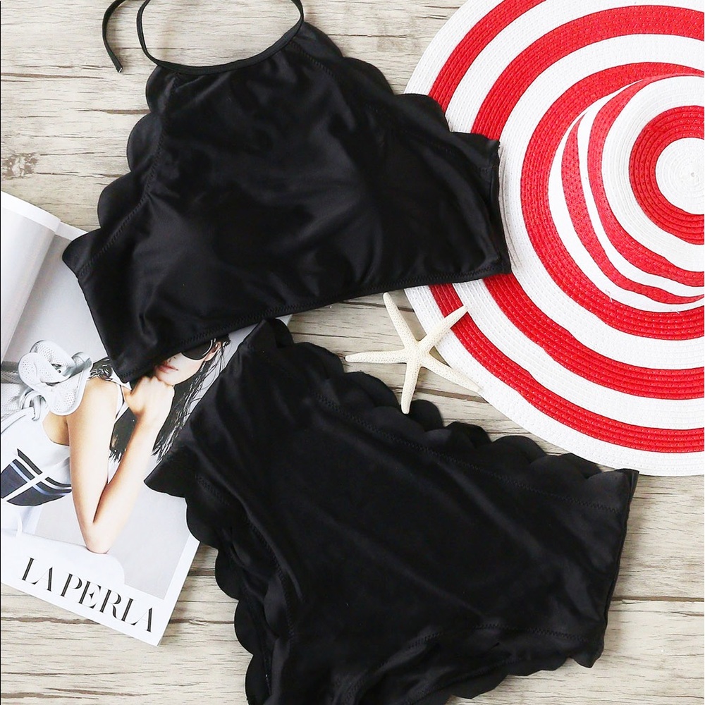 Black scalloped high waisted bikini bathing suit