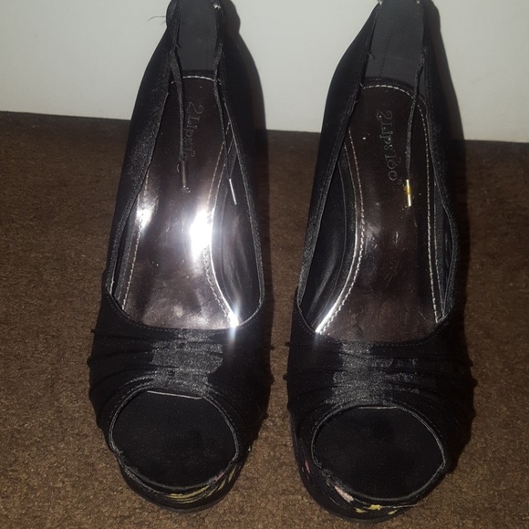 Black Satin Coloful Platform Heels - Picture 2 of 6