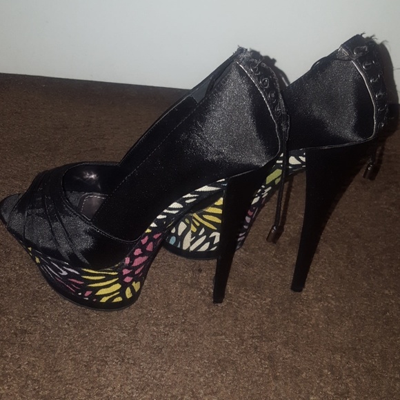 Black Satin Coloful Platform Heels - Picture 3 of 6