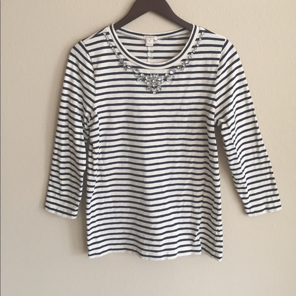 J. Crew navy and cream top with crystal accents