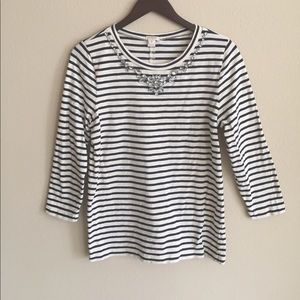 J. Crew navy and cream top with crystal accents