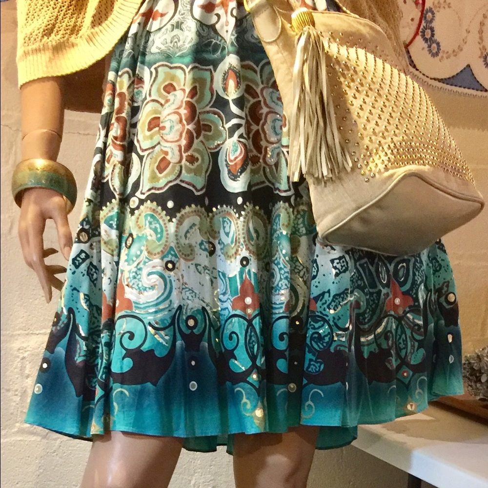 Full Skirt~Teal Beauty w/ Metallic Gold Accents~14 - Picture 3 of 8