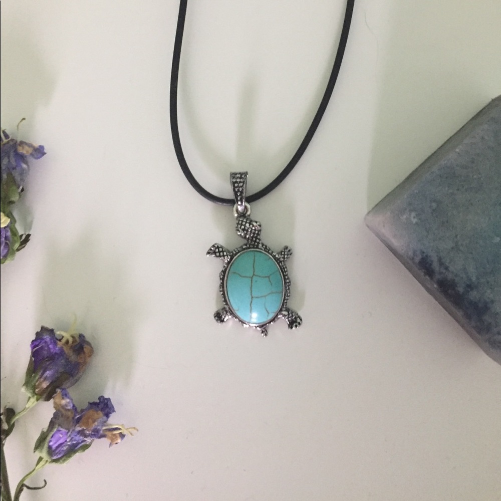 Teal gemstone and silver turtle necklace