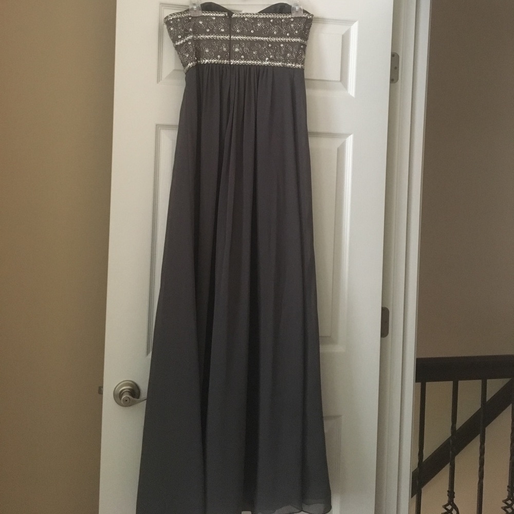 David's Bridal long grey dress.