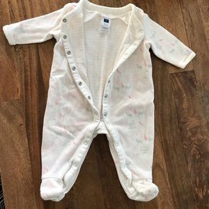 Woodland print reversible, lined onesie.