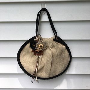 Tan handbag -- beaded flower detailing!