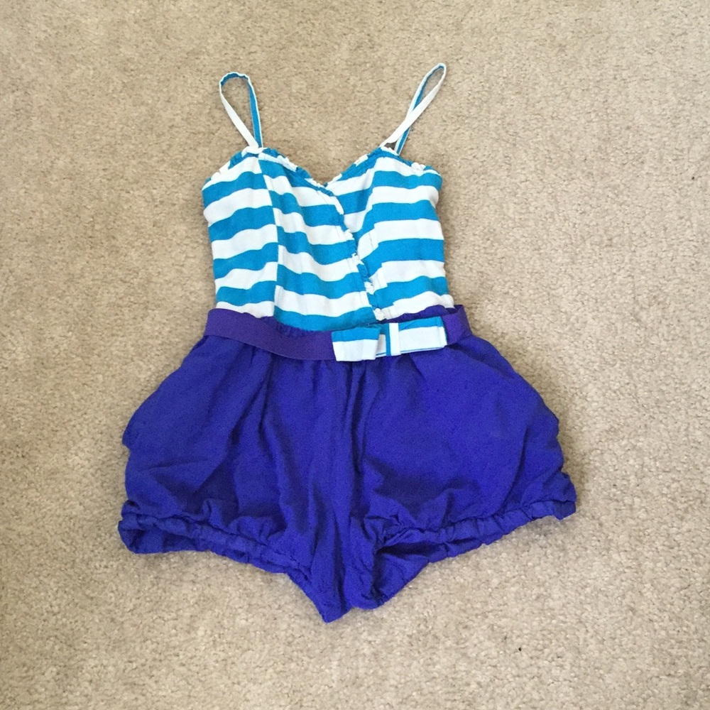 Girls navy and teal blue romper with bow belt