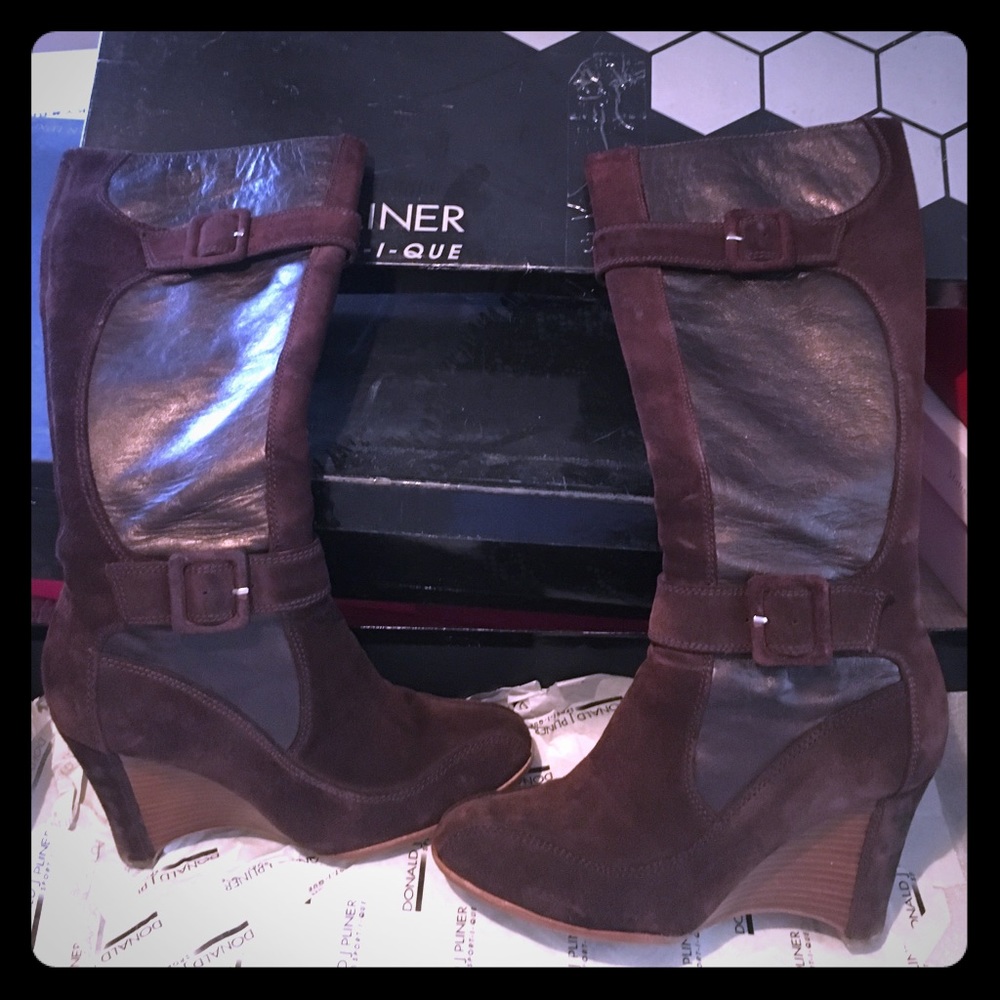 Brown leather and suede wedge boot
