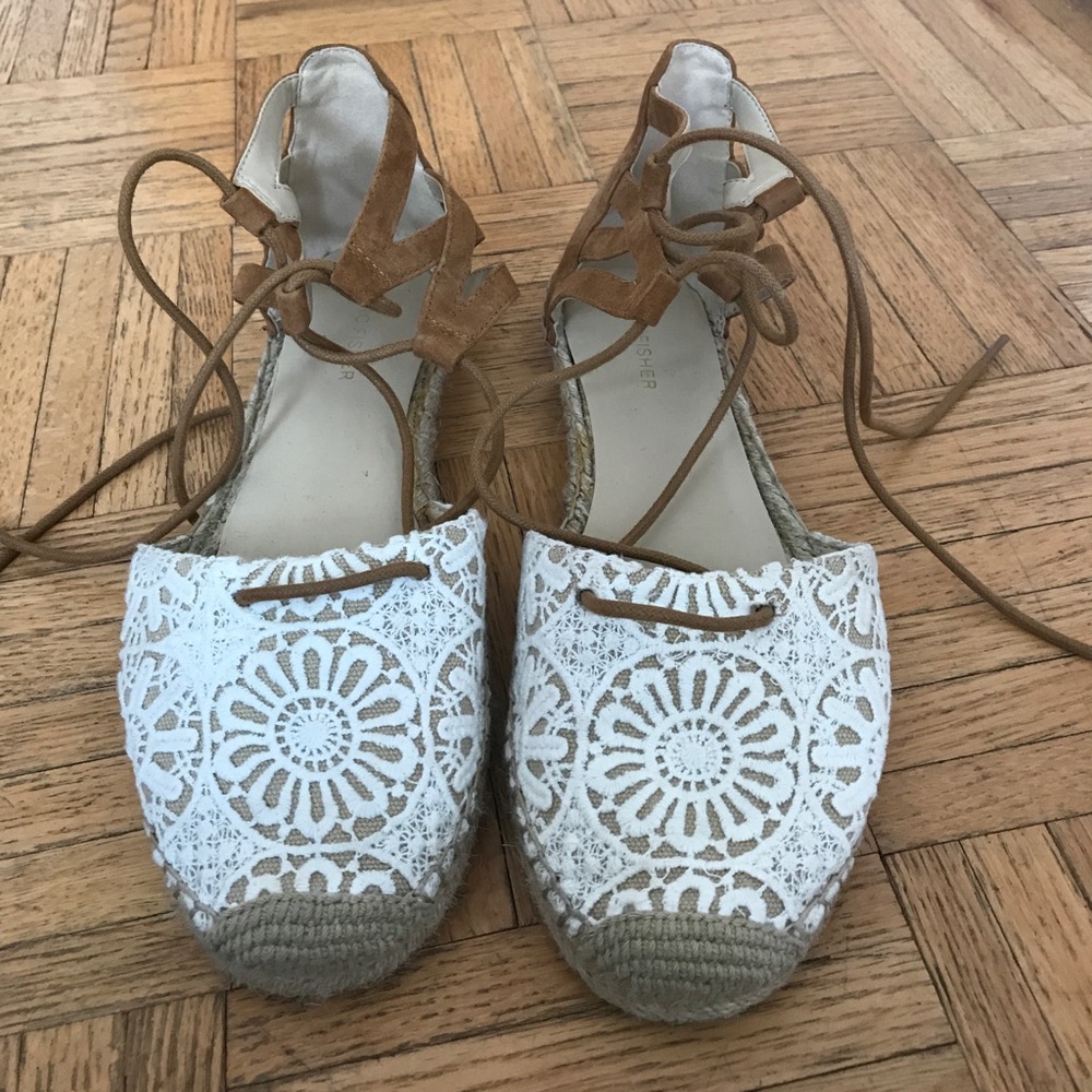White and Nude Embroidered Crochet Espadrilles
