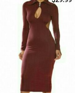 Burgundy zip collar open back faux suede midi dres