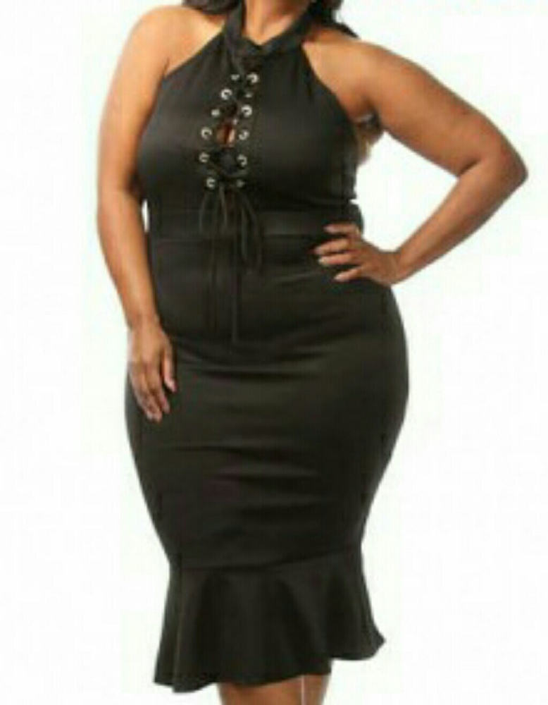 Black lace up front mermaid ruffle curvy dress