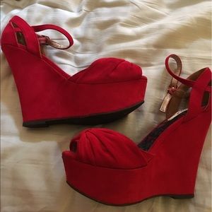 Red suede platform wedges