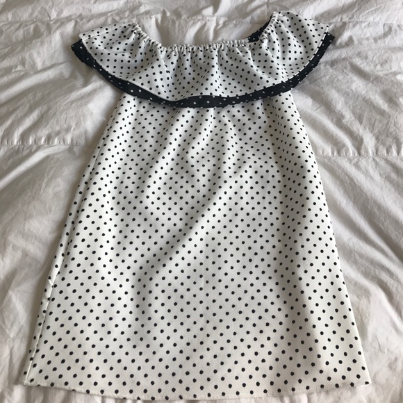 black and white polka dot dress off the shoulder