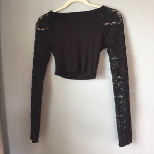 Black crop top with floral laced sleeves