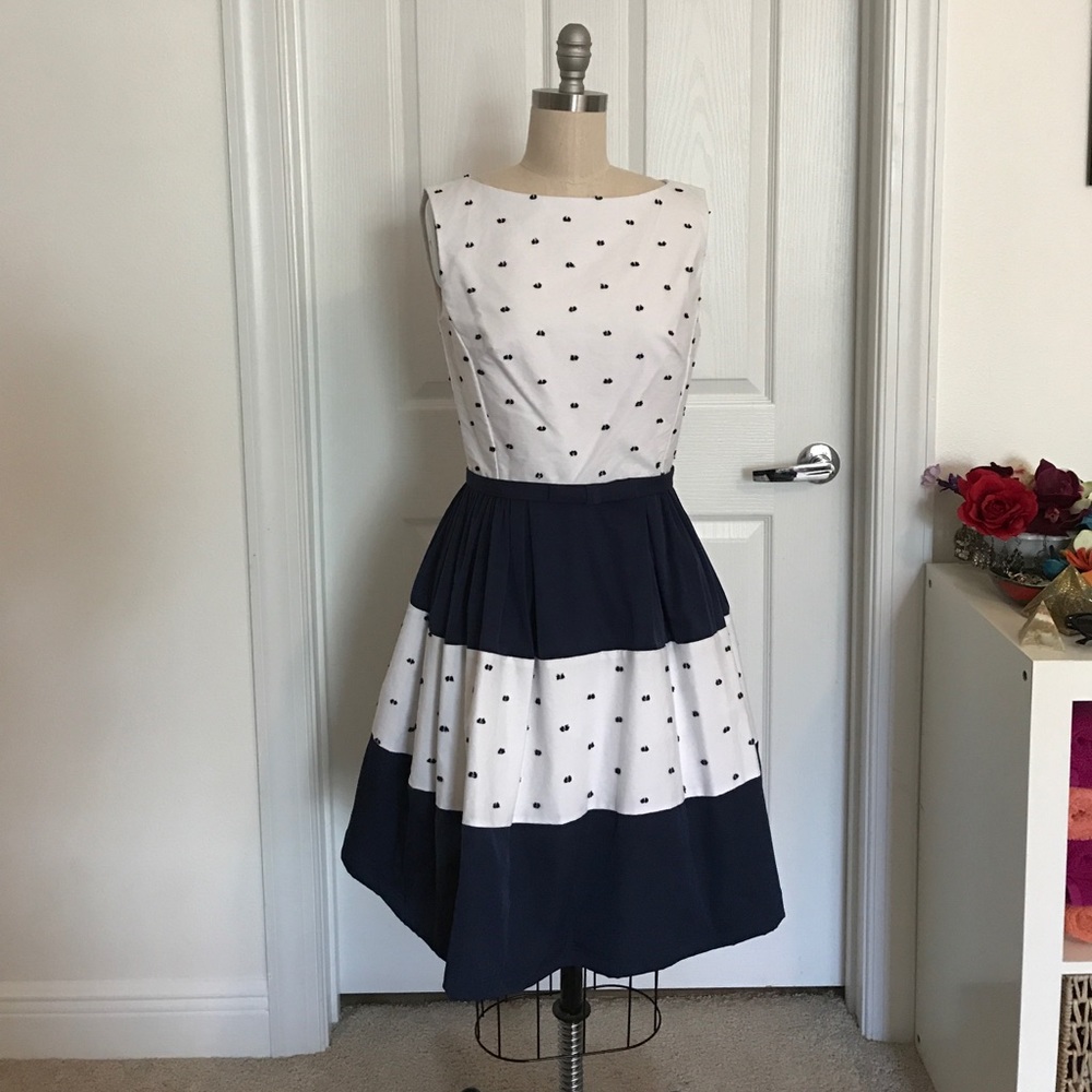 Handmade White & Navy Striped and Polka Dot Dress