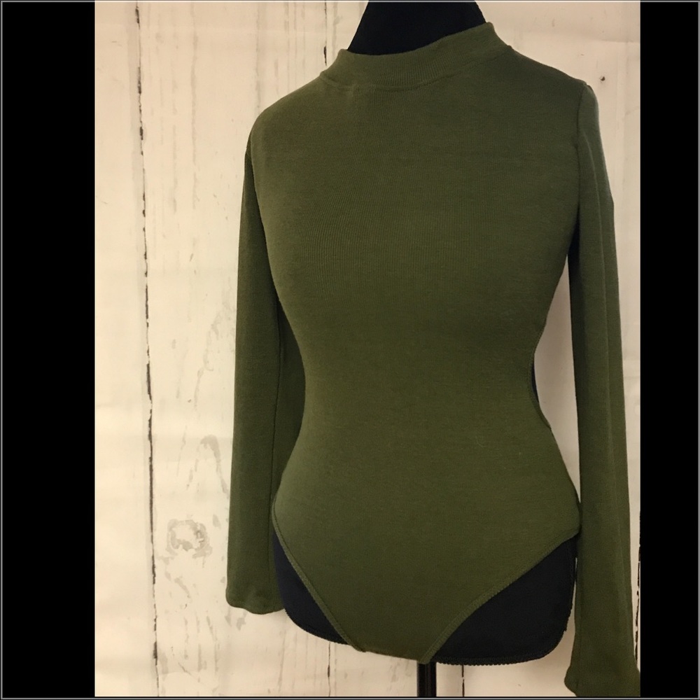 Olive Green comfy body suit. Gold buttons