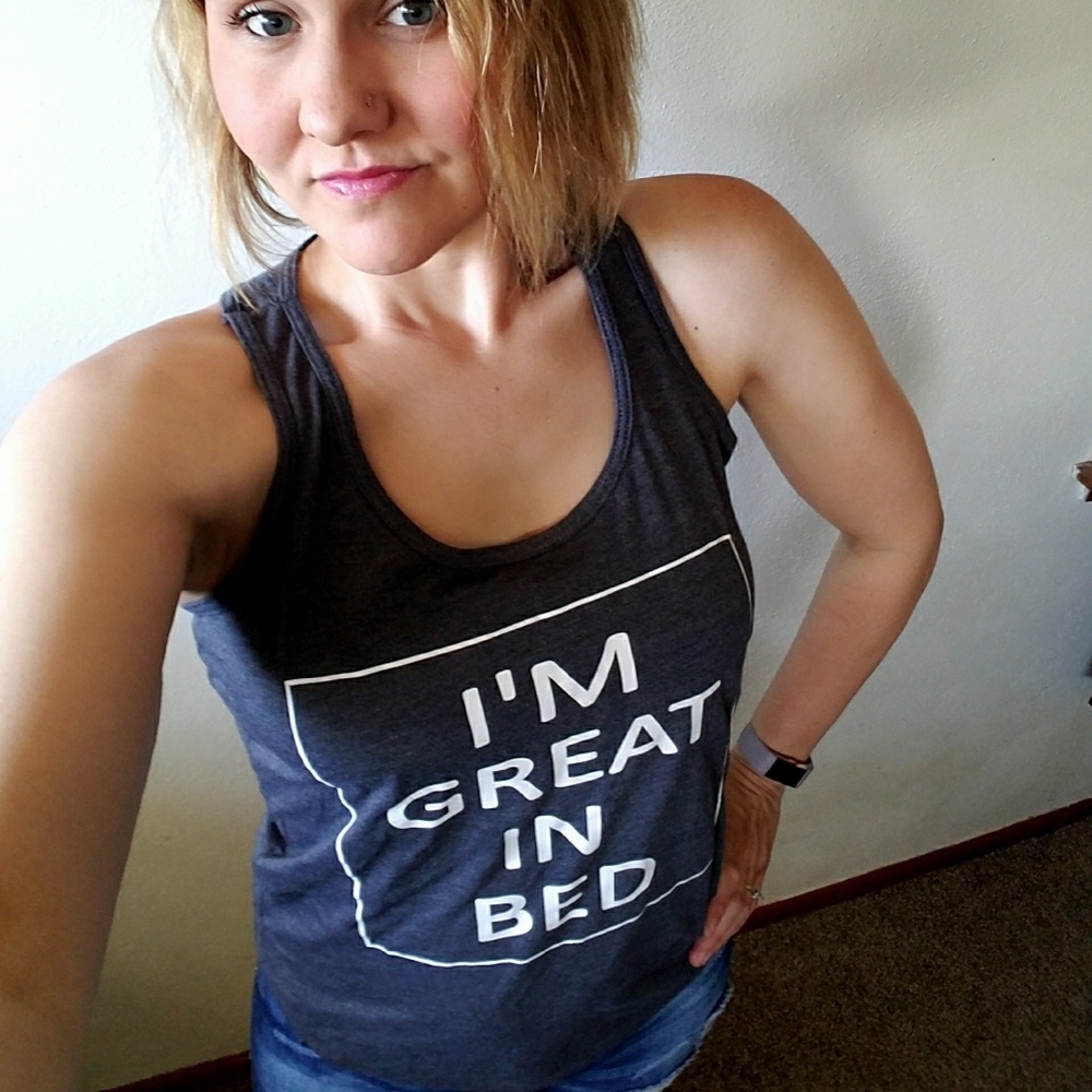 I'm great in bed tank charcoal grey Sm, Lg