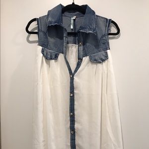 Denim Chiffon Gold Button Dress