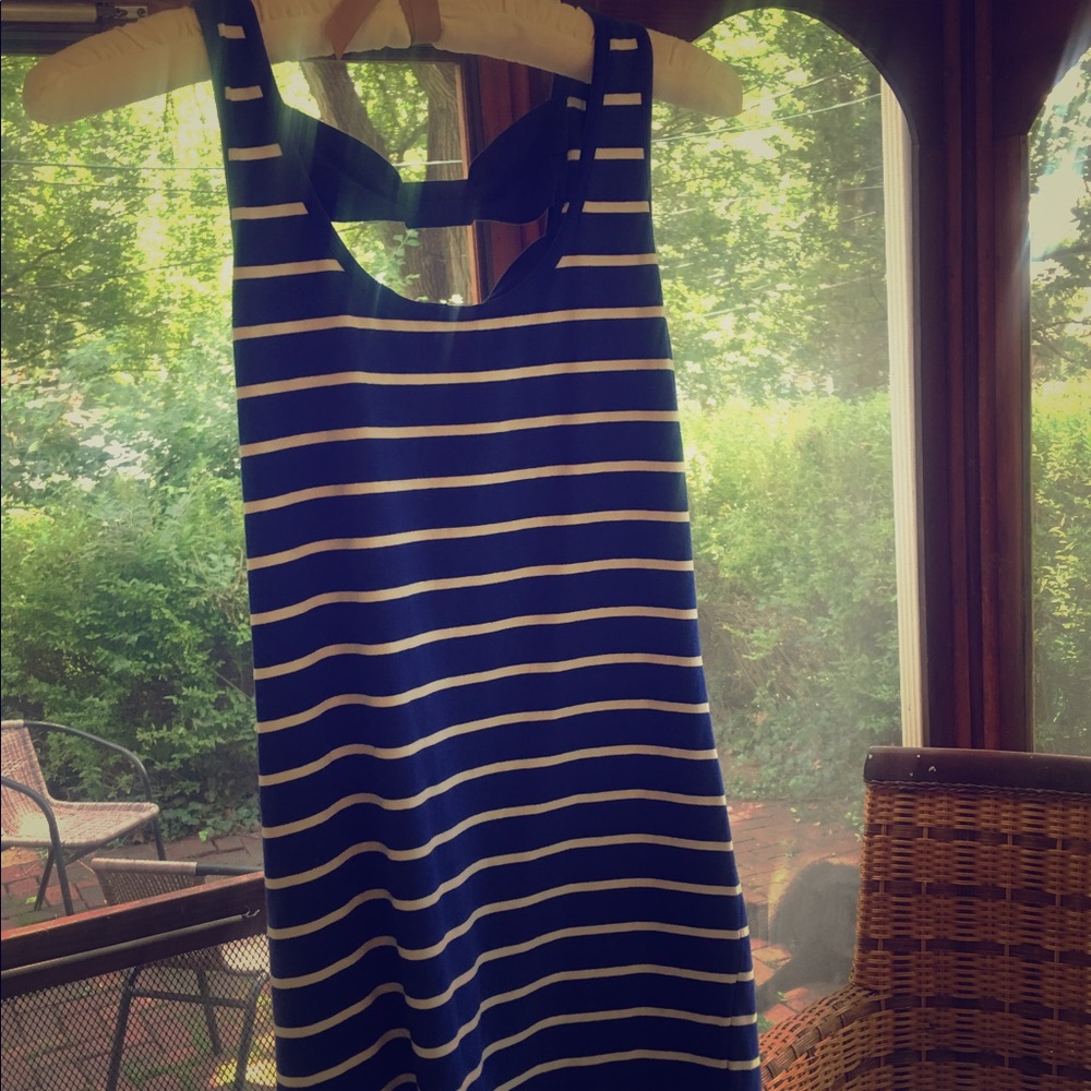 Blue and white striped t-shirt dress