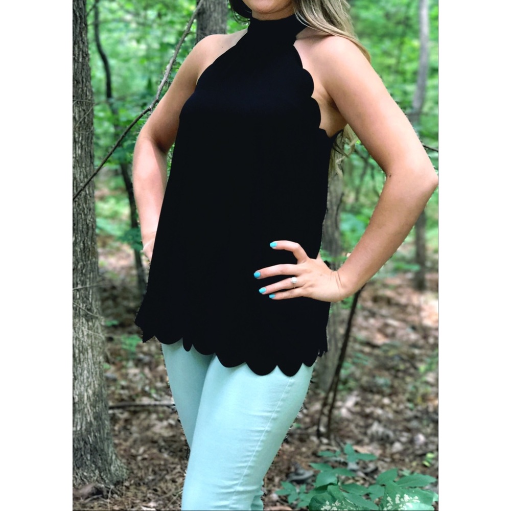 SOLD OUT High Neck Tie Back Scallop Trim Top - Picture 2 of 3
