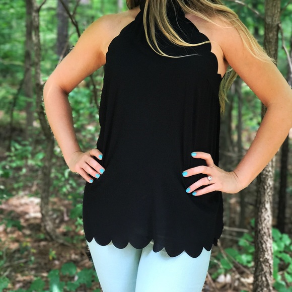 SOLD OUT High Neck Tie Back Scallop Trim Top - Picture 3 of 3