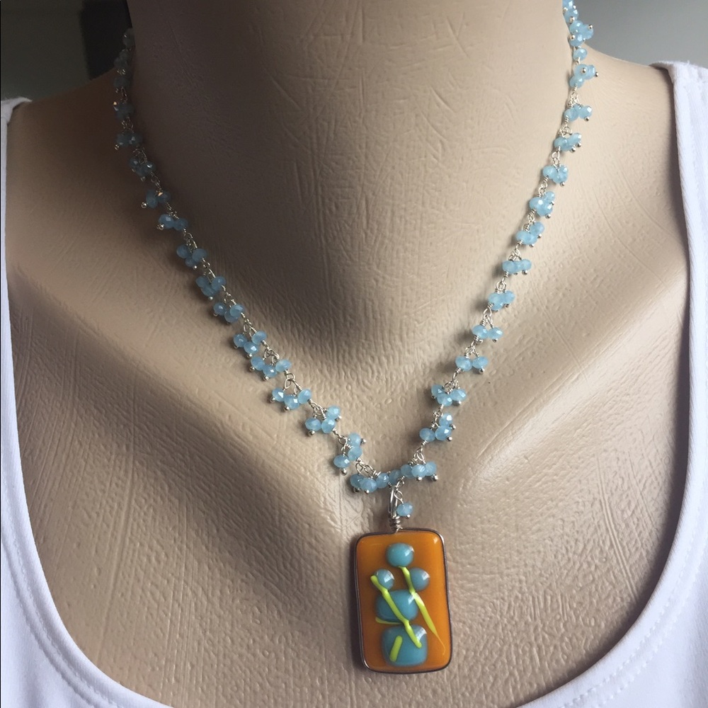 Glass pendant on beaded chain necklace